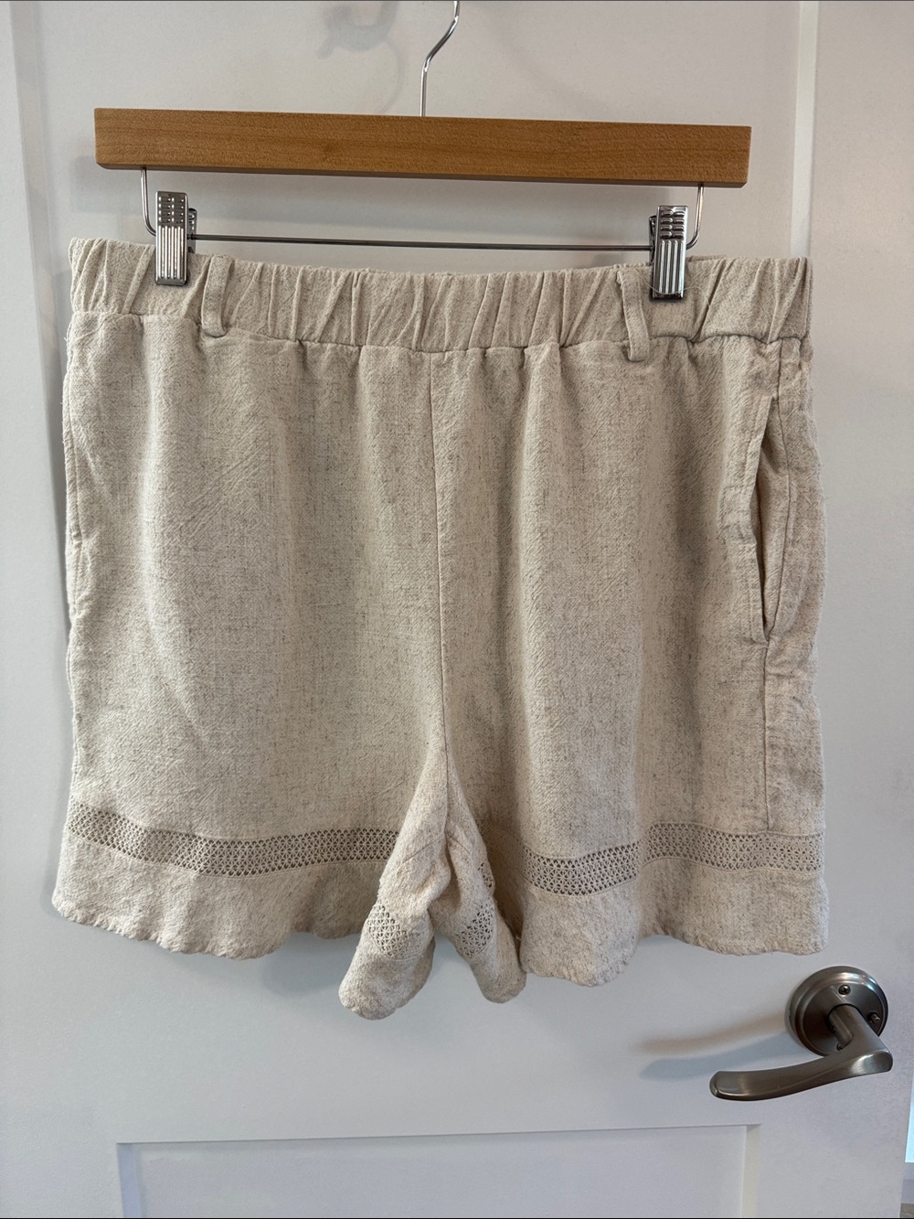 High Waist Linen Blend Womens Shorts Light Beige Openwork Trim Summer Essentials